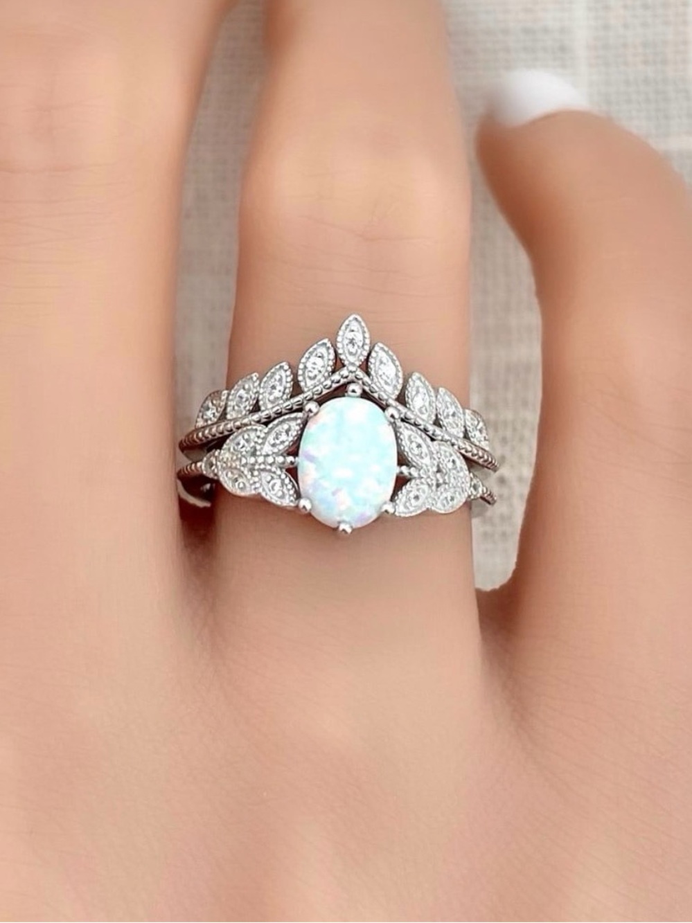 Oval White Opal 2pc Stackable Vintage Floral 925 Sterling Silver Band Ring Set
